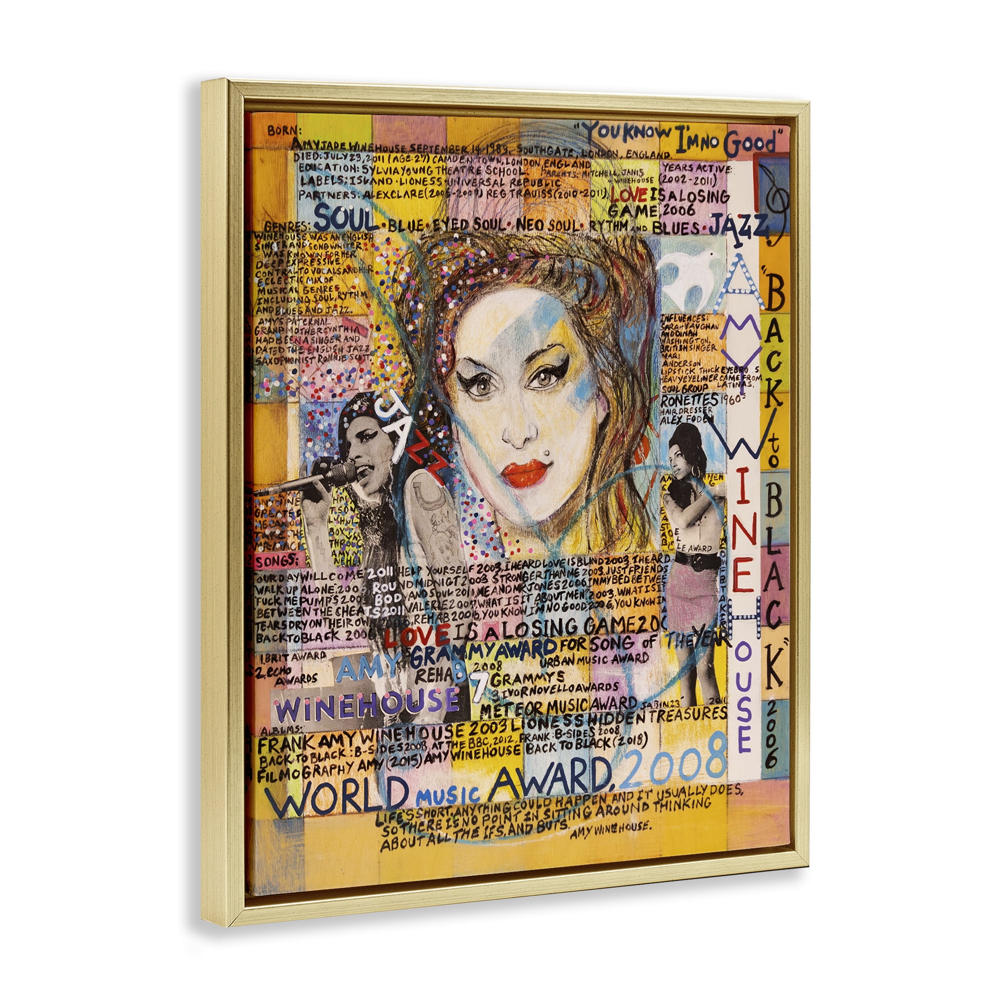 Stupell Industries Amy Winehouse Collage People Drawing Gold Floater Framed Canvas Art Print Wall Art, 17 x 21