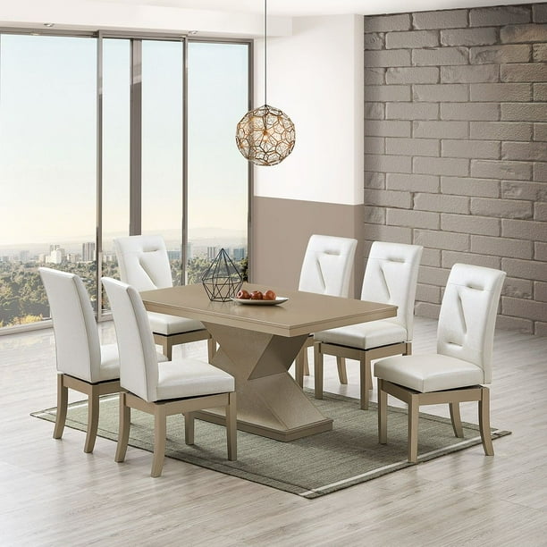 Legault 7 Piece Pedestal Dining Set White Vinyl Gold Wood Com Legault 7 Piece Pedestal Dining Set, Pedestal Dining Table Set For 6
