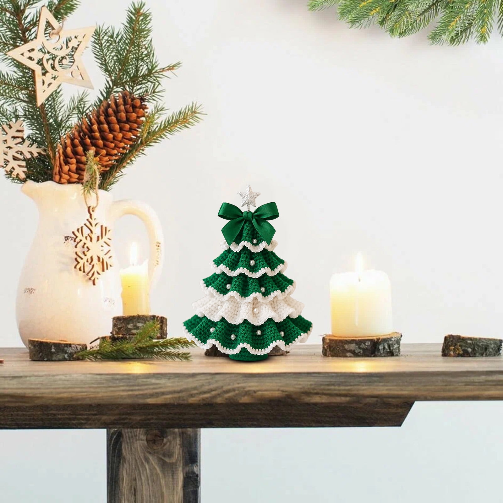 OIUR DIY Crochet Christmas Tree Kit Small Xmas Tree Craft Kit with Bow And Faux Pearl Handmade Holiday Decoration for Beginners