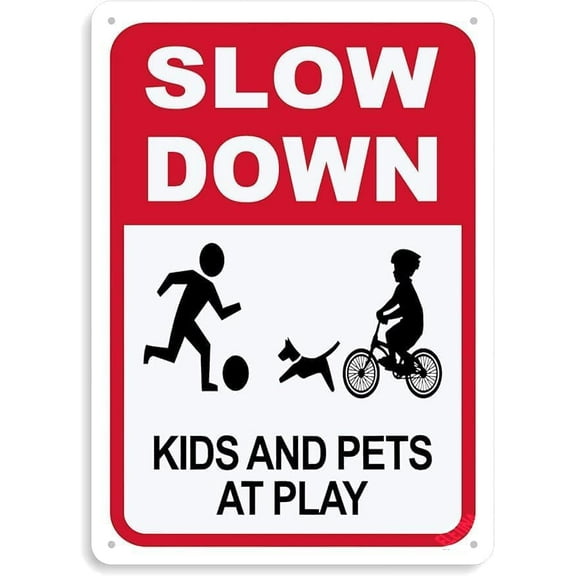 Slow Kids Pets at Play Sign, 8x12 Inch, Slow Down Sign for Street, Lawn Neigh borhoods