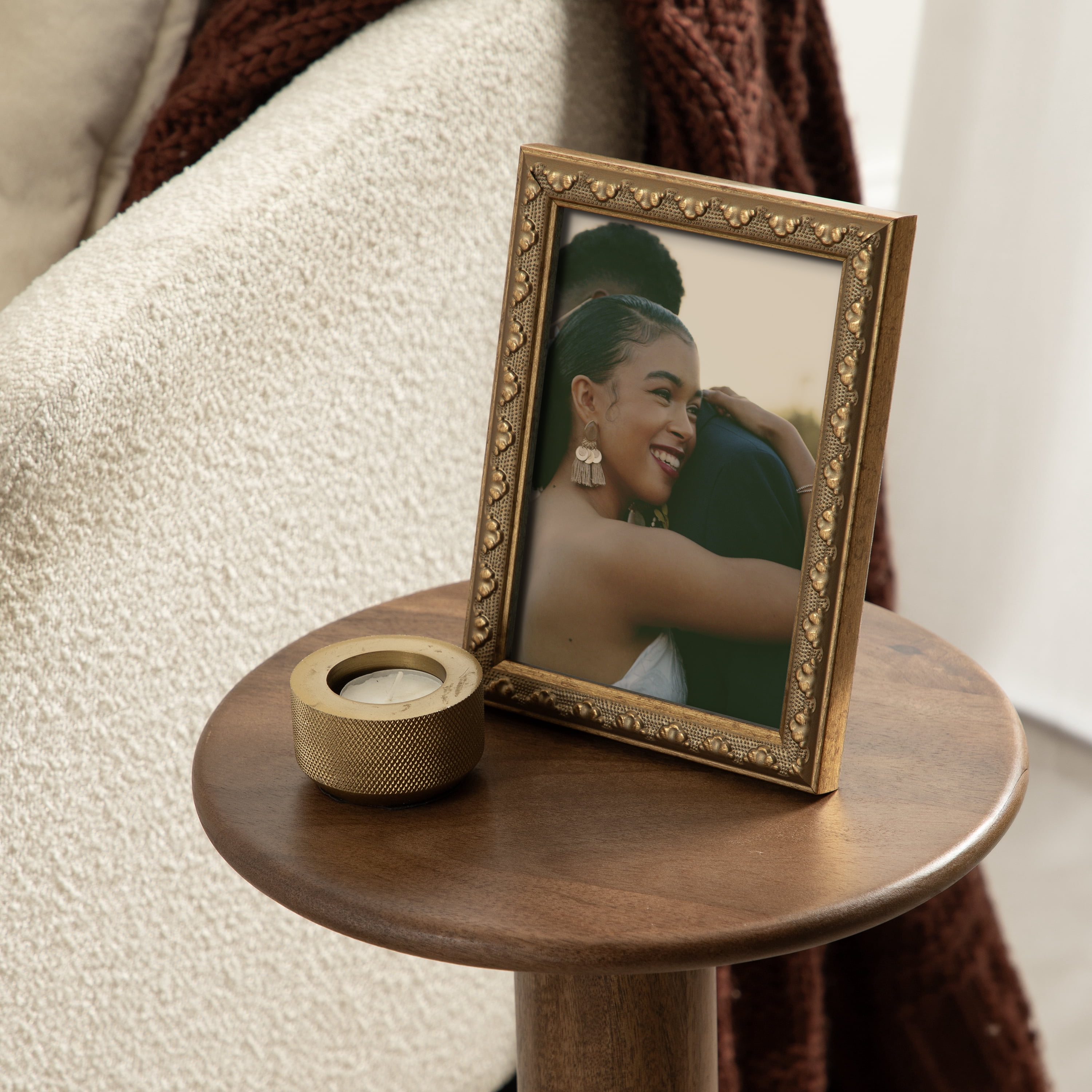 DesignOvation – 5x7 Picture Frame – Slim Ornate Antique Gold Tabletop Photo Frame
