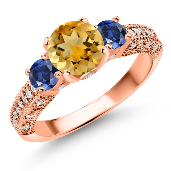 Gem Stone King 18K Rose Gold Plated Silver Yellow Citrine Blue Created Sapphire and White Moissanite Engagement Ring for Women (1.88 Cttw, Gemstone November Birthstone, Round 7MM and 4MM, Size 6)