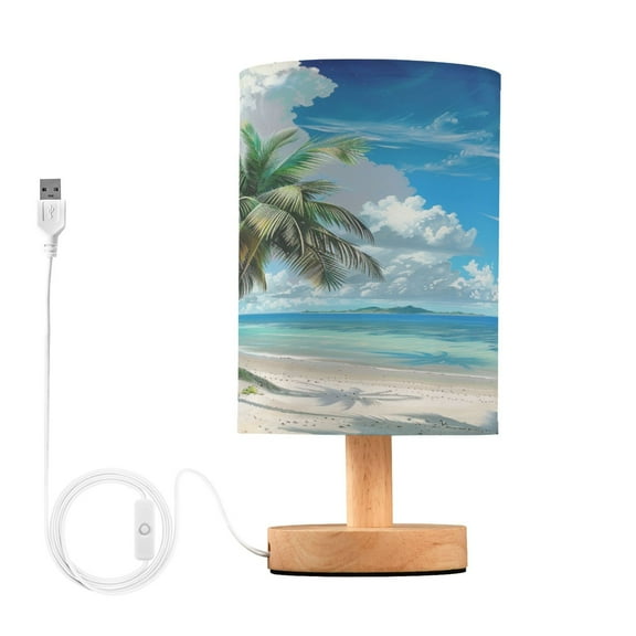 Palm Tree on Beach View Bedside Table Lamp Desk Warm Lights with USB Charging Port Cylinder LED Lamps for Bedroom Living Room Office