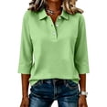 thumbnail image 5 of Women Three Quarter Sleeve Collared Button Polo Shirts Solid Color Loose Casual Office Daily Tops S, 5 of 5