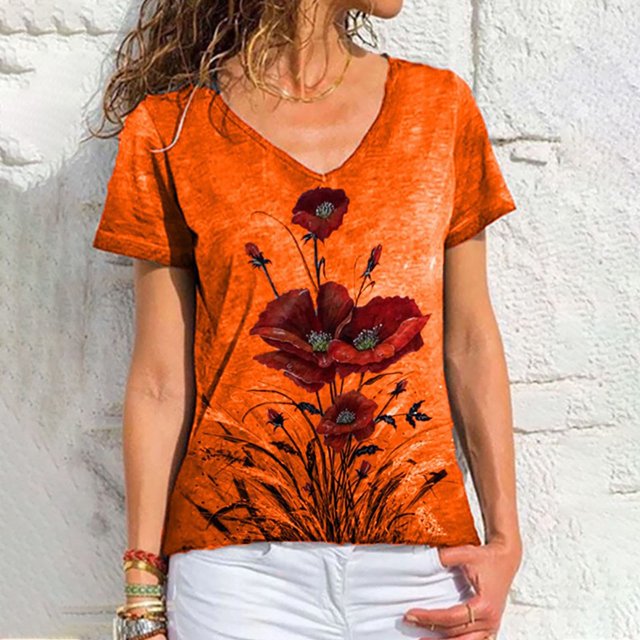 Puntoco - Camiseta de manga corta con cuello en V y estampado floral suelto para mujer Puntoco Puntoco-1261