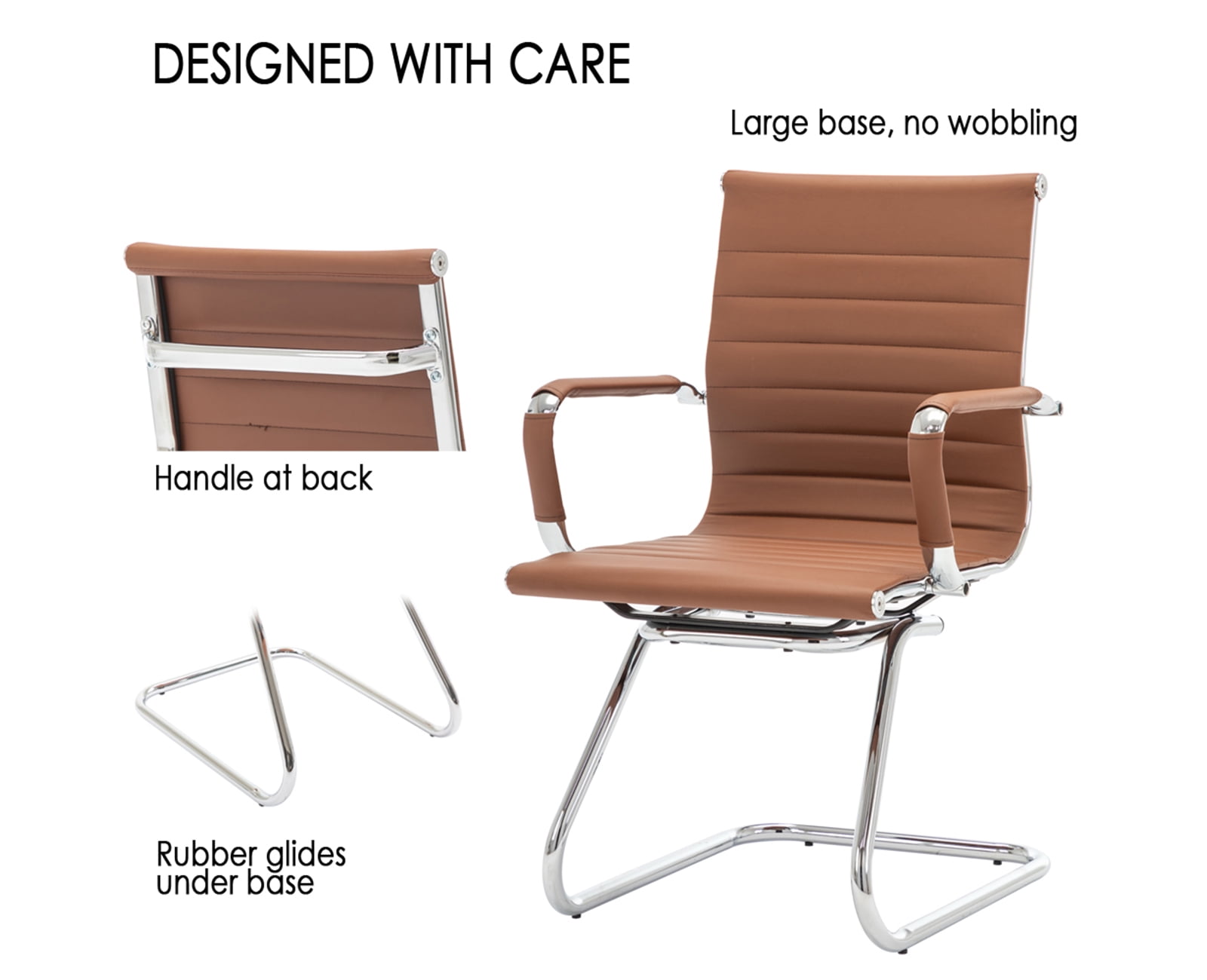 Guyou Modern Mid Back Office Guest Chair Set of 2, Faux Leather Reception Chair Computer Chair with Armrests and Metal Sled Base for Meeting/Waiting/Conference Room, No Wheels, Coffee