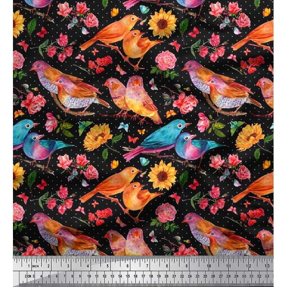 Soimoi Black Cotton Duck Fabric Dot,Sunflower & American Robin Bird Print Fabric by Yard 42 Inch Wide