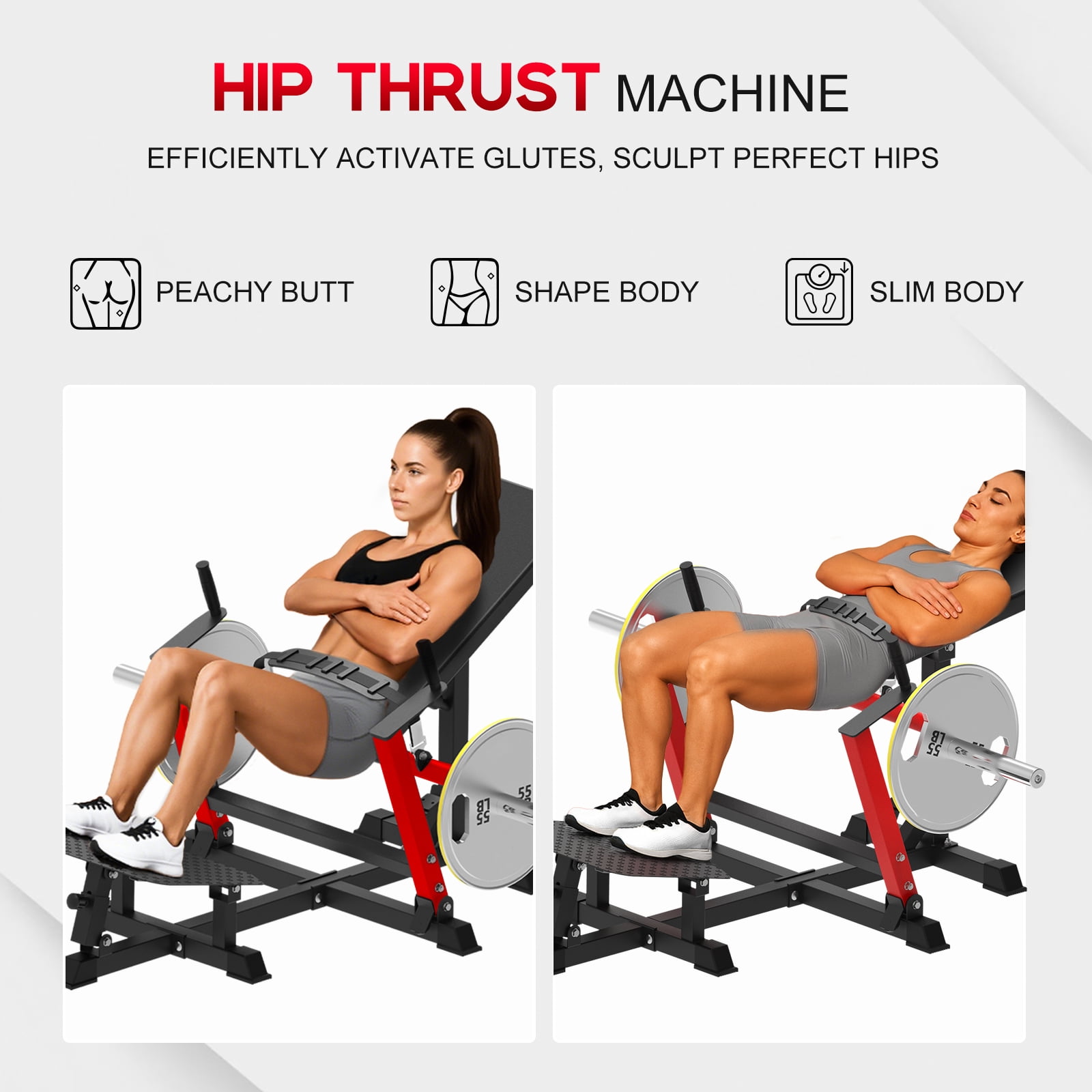 HeeH Hip Thrust Machine Glute Bridge: Heavy Duty Butt Muscle Building and Shaping Exercise Equipment with Adjustable Footboard Workout Home Gym 880LBS Red