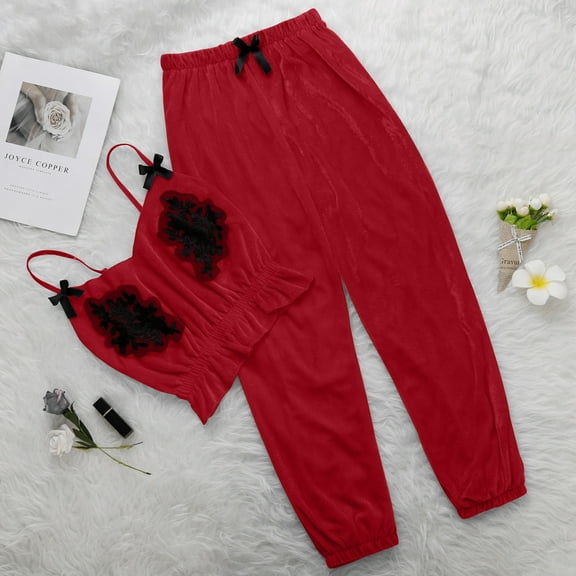 Daqian Plus Size Womens Pajamas Women V-Neck Velvet Sexy Stain Pajamas Bowknot Trousers Long Suit Pajamas for Women Red XL(XL)