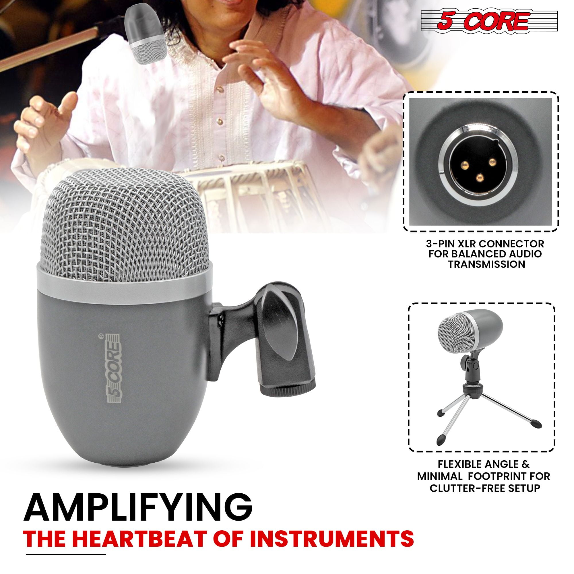 XLR Wired Cardioid Instrument Microphone for Tabla - Dynamic Moving Coil, Swivel Mount & Rim Clip Included