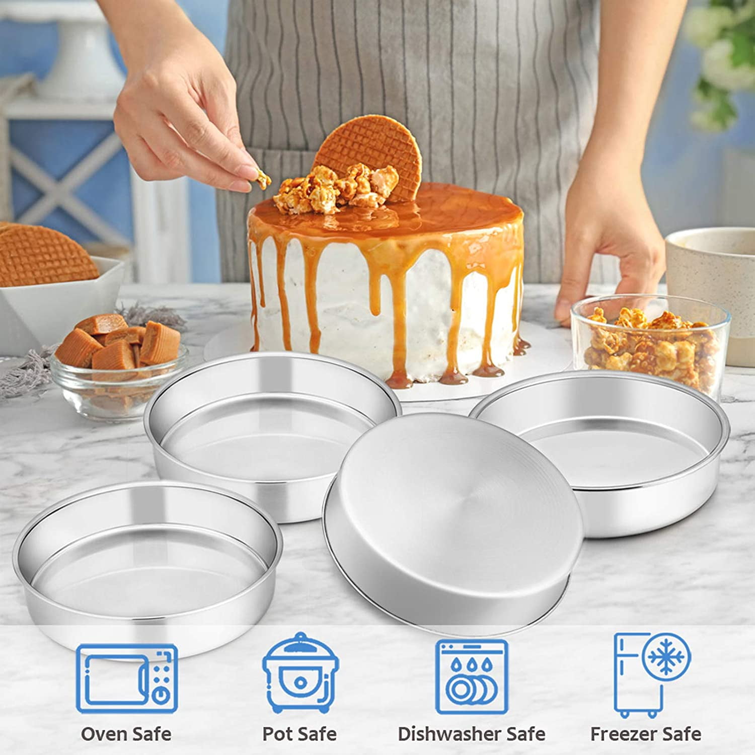 6 inch Cake Pan Set of 2, Vesteel Stainless Steel Round Cake Baking Pans, Mirror Finish & Dishwasher Safe, Size: 6½” x 2, Silver
