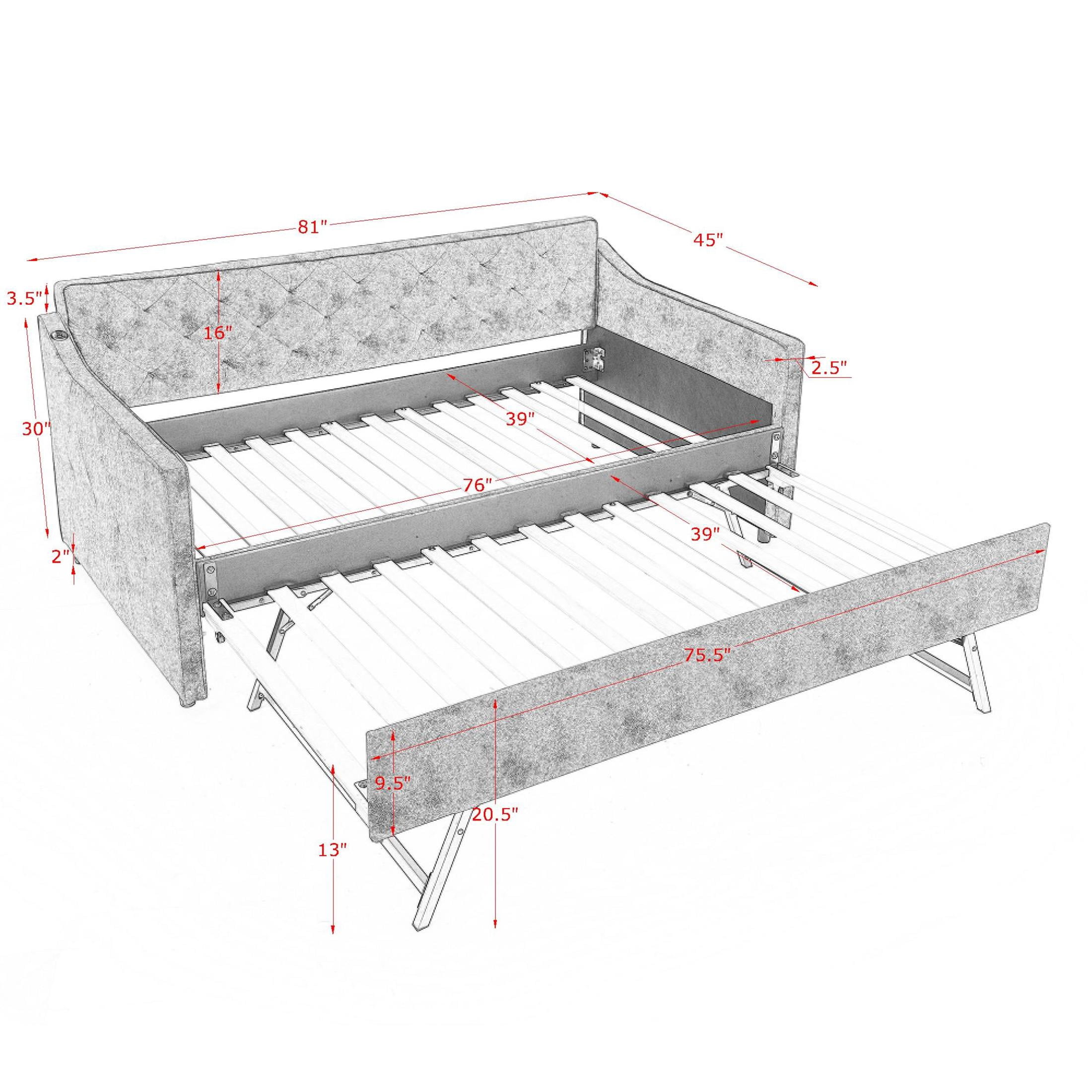 Noble House Belric Twin Size Linen Tufted Daybed, Sofa Bed Frame with Pop-Up Trundle and Built-In Charging Port, Beige