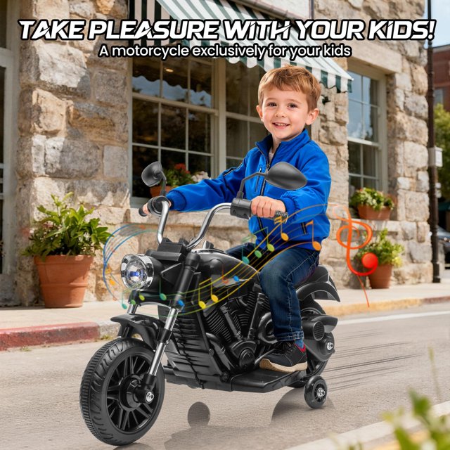 Yiwa 12V Electric Ride On Motorcycle for Kids, 3-Wheel Toddler Bike with Training Wheels, One-Button Start, Reverse, Headlight, Horn, Music