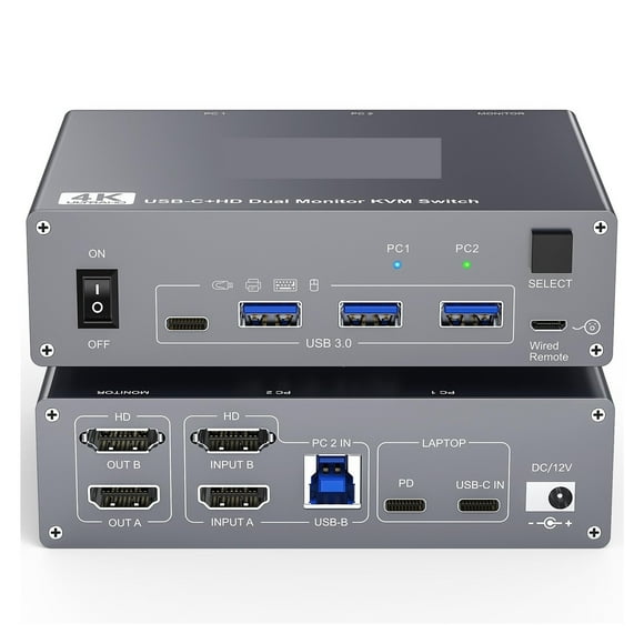 KVM Switch 2 Monitors 2 Computers 8K60Hz, 4K144Hz, and Displayport Dual Monitor KVM Switch with 4 USB 3.0 for Keyboard
