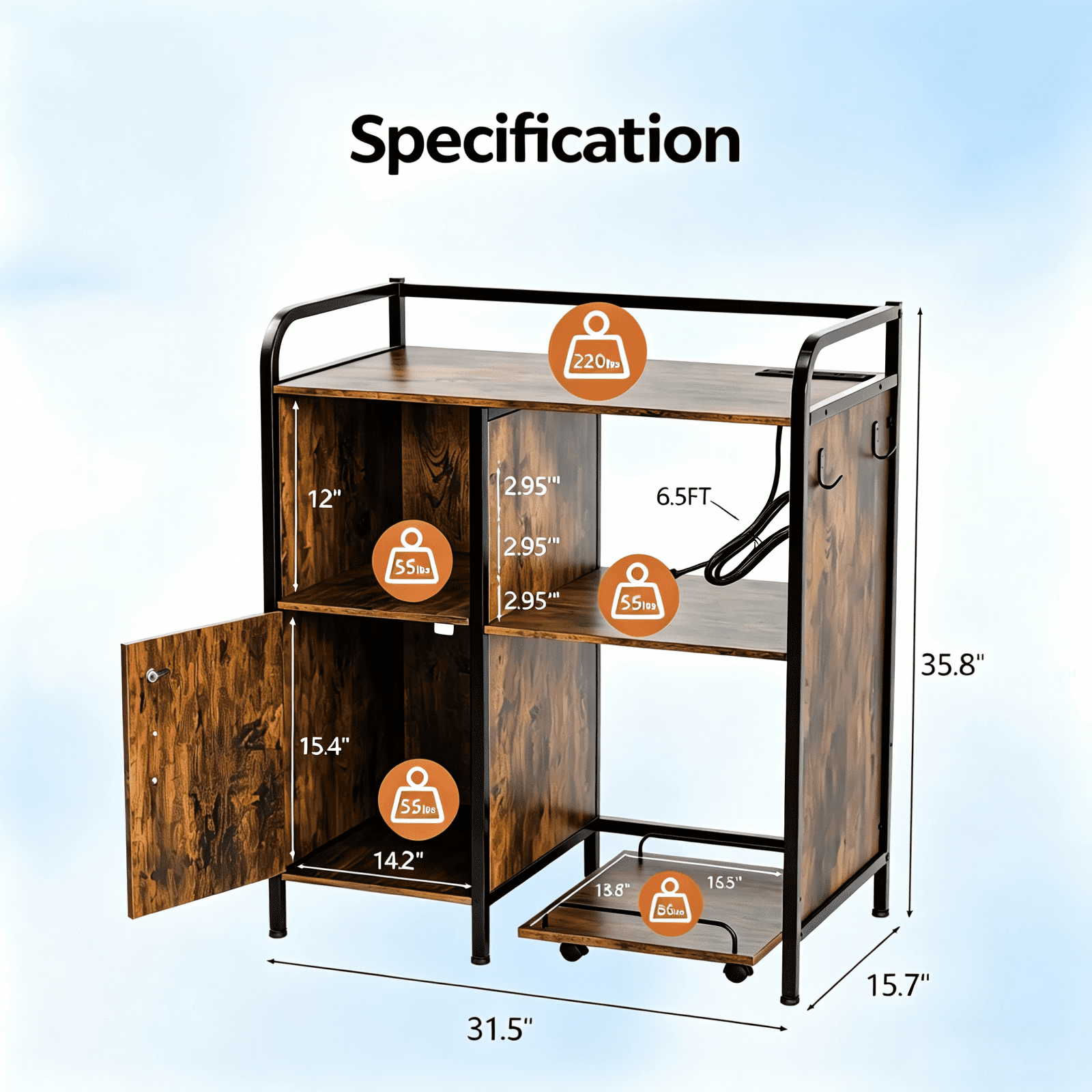3-Tier Printer Stand with Cabinet and Iron Frame for Home Office
