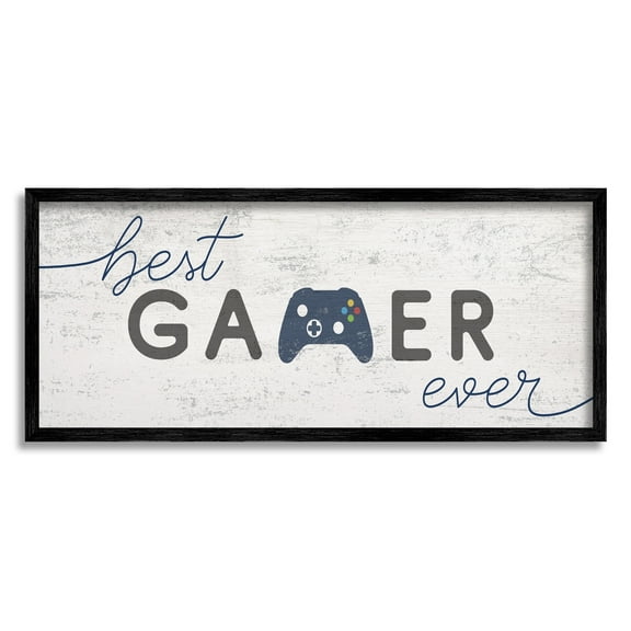 Stupell Industries Best Gamer Ever Video Game Sign Blue Controller Beauty & Fashion Painting Black Framed Art Print Wall Art, 10 x 24