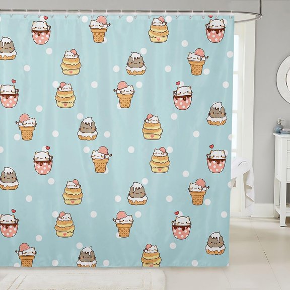 Cute Cat Ice Cream Shower Curtain Blue Fabric Bathroom Decor with Hooks 71x71 inches