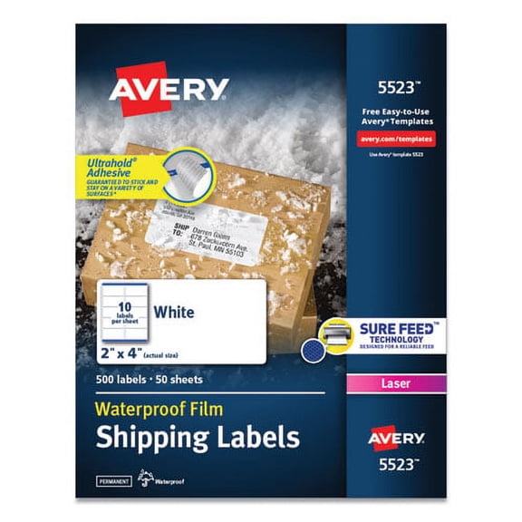 "Waterproof Shipping Labels With Trueblock And Sure Feed, Laser Printers, 2 X 4, White, 10/sheet, 50 Sheets/pack | Bundle of 5 Packs"