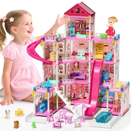 Doll House - Toys for 4 Year Old Girl, Dream Dollhouse 12 Rooms Playhouse with LED Lights Furniture and Accessories, Pretend Play Kit Doll Houses for Girls 4 6 Years