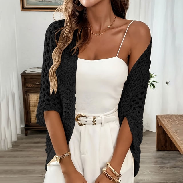 TaTaai Women's Solid Color Hollow Out Woven Cardigan Ladies No Button Casual Open Front Sweater Lightweight Air Conditioning Jacket for Daily Office All Season Wear Gift