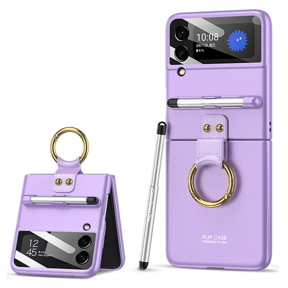 TECH CIRCLE Compatible with Samsung Galaxy Z Flip 3 Case with Capacitance Pen, Outer Screen Protector Folding Shockproof Protective Case with Ring Holder Cover for Galaxy Z Flip3 5G 2021, Purple