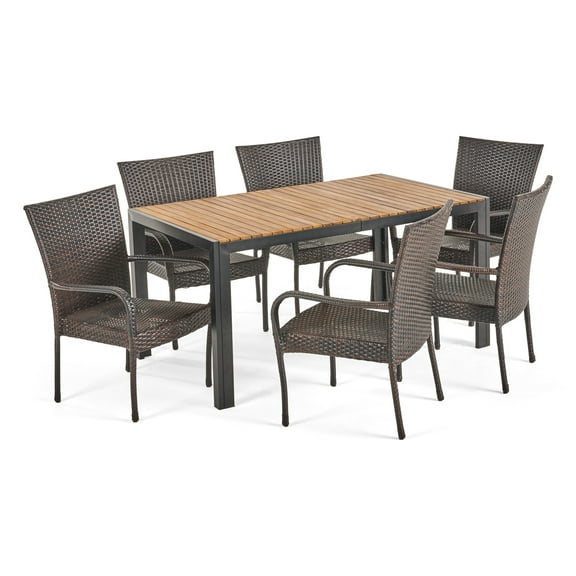 Alan Outdoor 6-Seater Rectangular Acacia Wood and Wicker Dining Set, Teak Finish