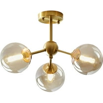 KCO Lighting Gold Semi Flush Mount Ceiling Light 3-Light Kitchen Island Sputnik Chandelier with Amber Globe Glass