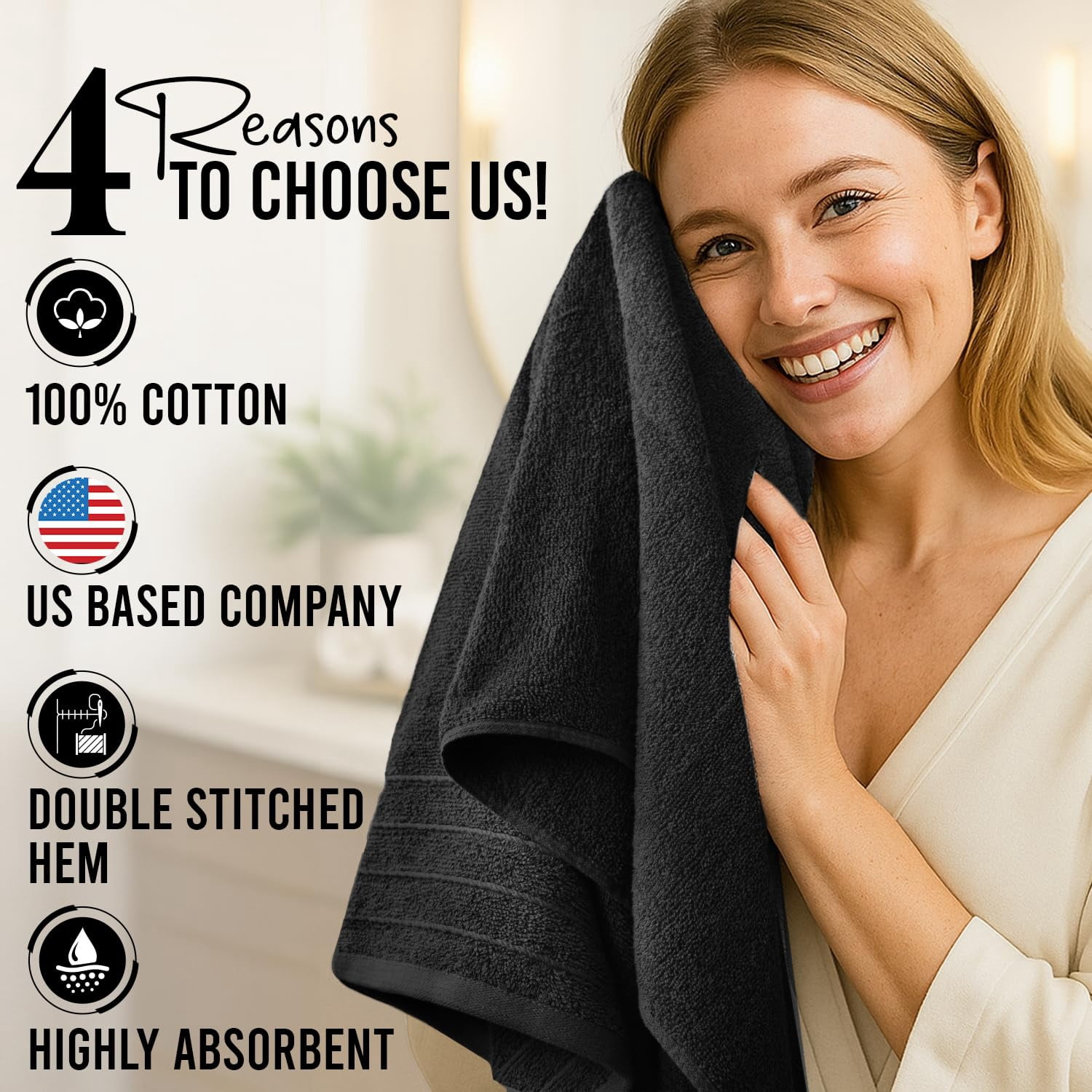 Dan River Bath Towel 30x60 pack of 4 Ultra Soft Quick Drying Large Cotton Towel - Black