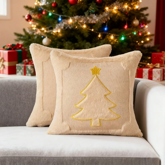 Anhility Christmas Throw Pillow Covers, Winter Chrismas Tree Throw Pillow Cases Soft Plush 18 x 18 Winter Cushion Cover for Indoor Home Bedroom Couch Sofa Decor (Beige)