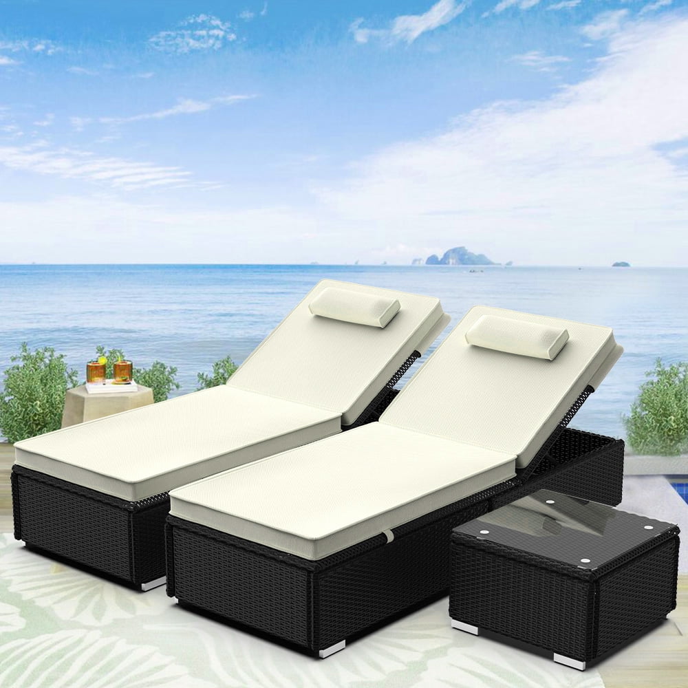 1 Table Outdoor Furniture Rattan for Pool Patio Beach Backyard 3 Pcs Outdoor Pool Chaise Lounge Chair Set 2 Sun Loungers Adjustable 