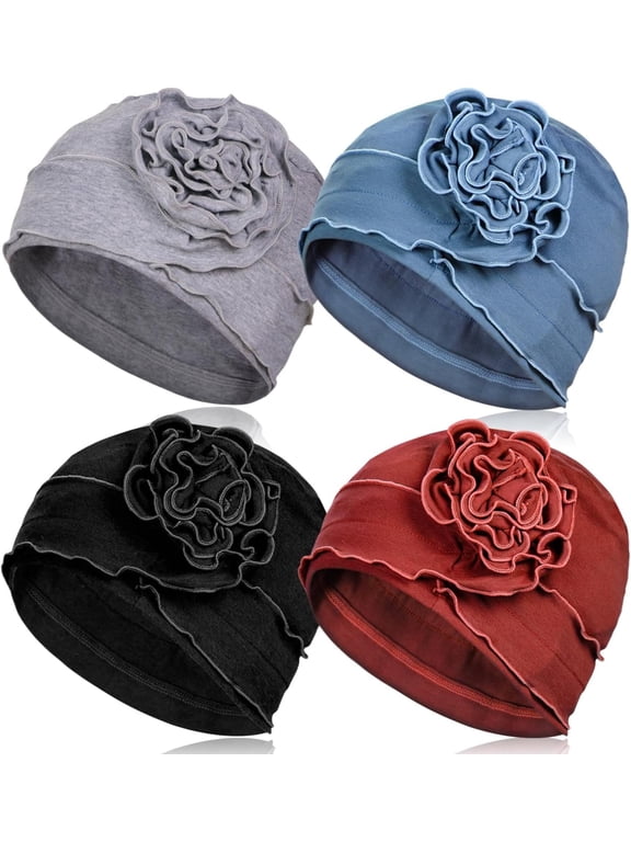 4 Pieces Cotton Chemo Turban Headwear, Soft Cancer Elastic Cap for Women with Hair Loss-Black, Light Gray, Wine Red, Light Blue