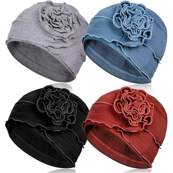 4 Pieces Cotton Chemo Turban Headwear, Soft Cancer Elastic Cap for Women with Hair Loss-Black, Light Gray, Wine Red, Light Blue