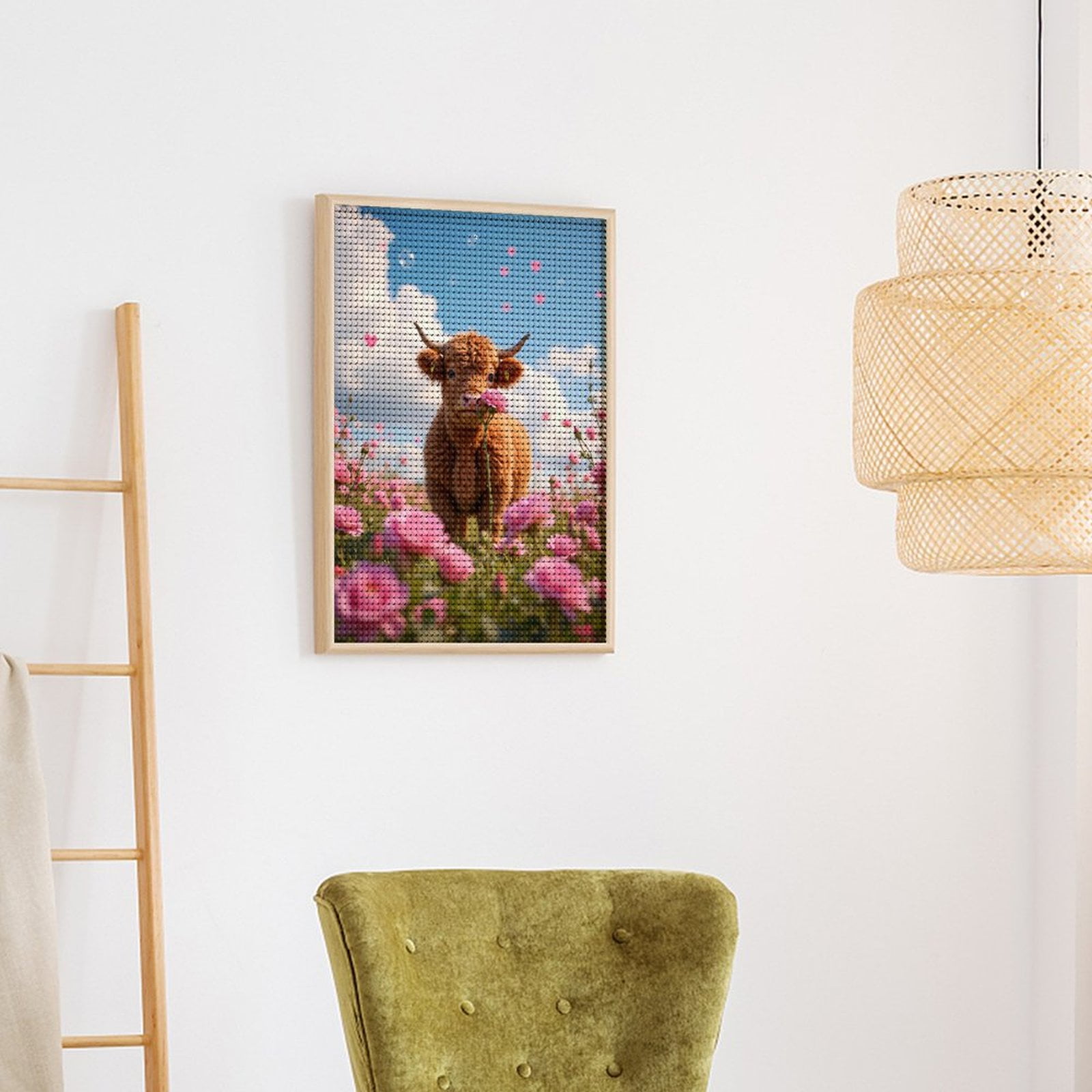 Diamond Art Kits for Adults, Cow In Pink Flower Meadow 5D Diamond Painting Kits for Adults Beginners, DIY Full Drill Diamond Painting, Gem Art and Crafts 12x16