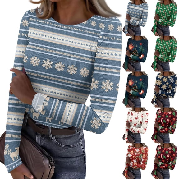 Christmas Underscrub Long Sleeve Women Ribbed Slim Fit Funny Xmas Tree Snowflake Print Tee Blouses Trendy Basic Holiday Crew Neck Thermal T-Shirts