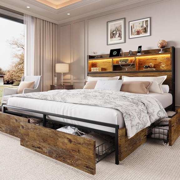 King Size Bed Frame with 6 Storage Drawers and Headboard Wooden Platform Bed Frame with LED Lights and Charging Station Easy Assembly