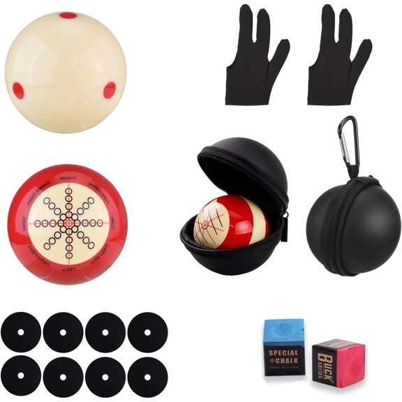 16 Piece Pool Billiard Accessory Set 2-1/4 Inch Cue Ball With Black PU Case 2 Gloves 2 Bags 8 Table Markers