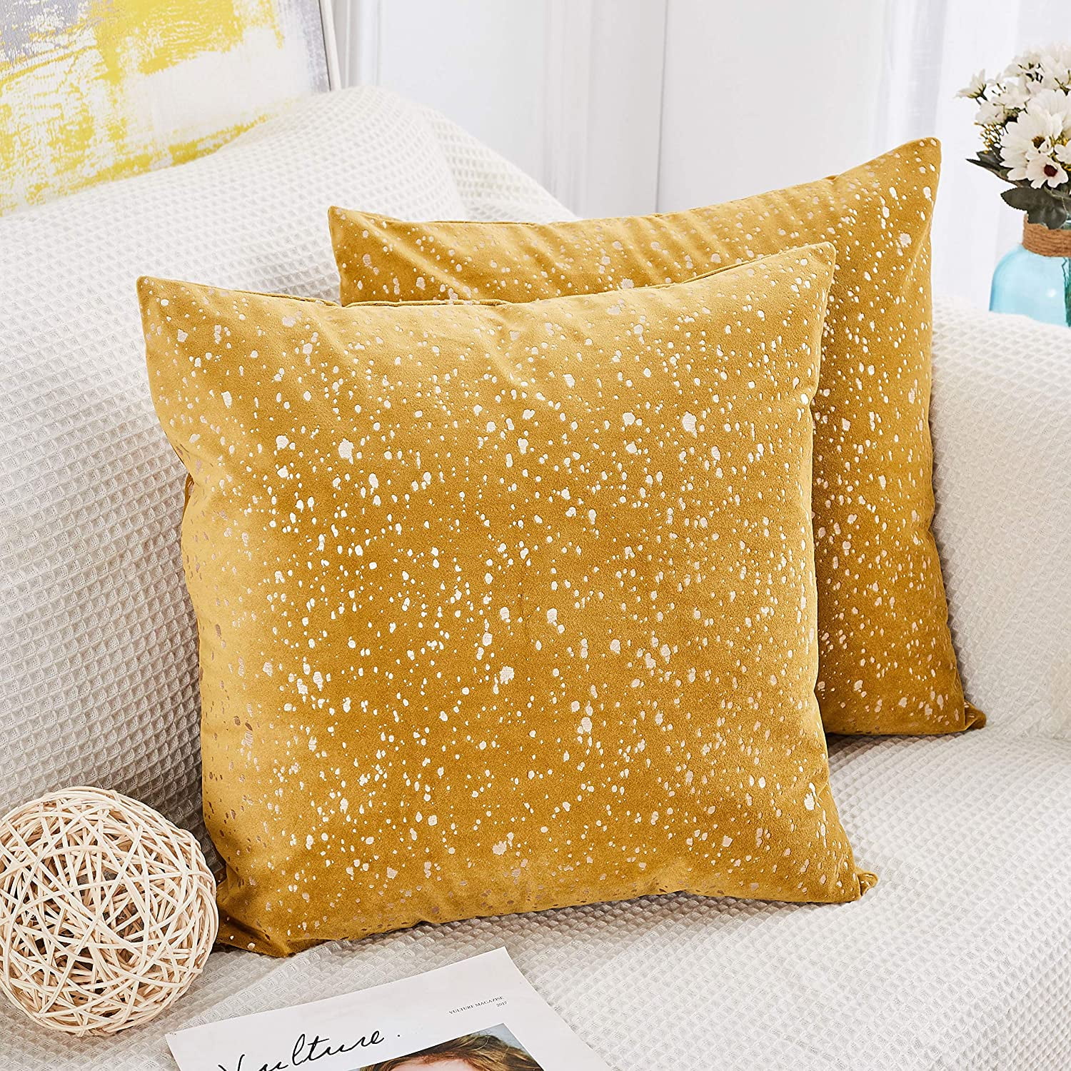 Pom Pom 18x18 Set of 2 PAVILIA Mustard Yellow Throw Pillow Covers Gold Yellow Fleece Accent Pillow Case Pompom Decorative Velvet Cushion Covers for Sofa Couch Bed