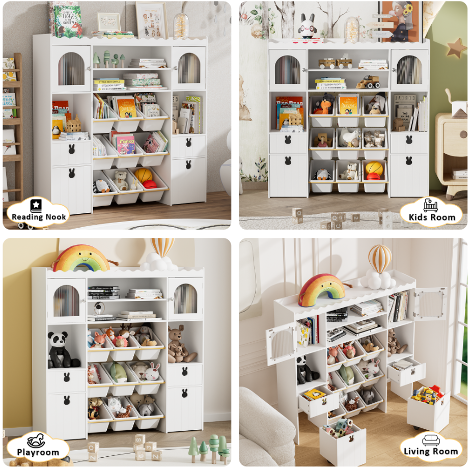 Toy Storage Organizer, Large Toy Storage Chest with Removable Bins, 19 Storage Spaces, Toy Organizer with 2 Movable Drawers and 9 Box Bins, Kids Bookshelf and Bookcase with Drawers for Boys and Girls
