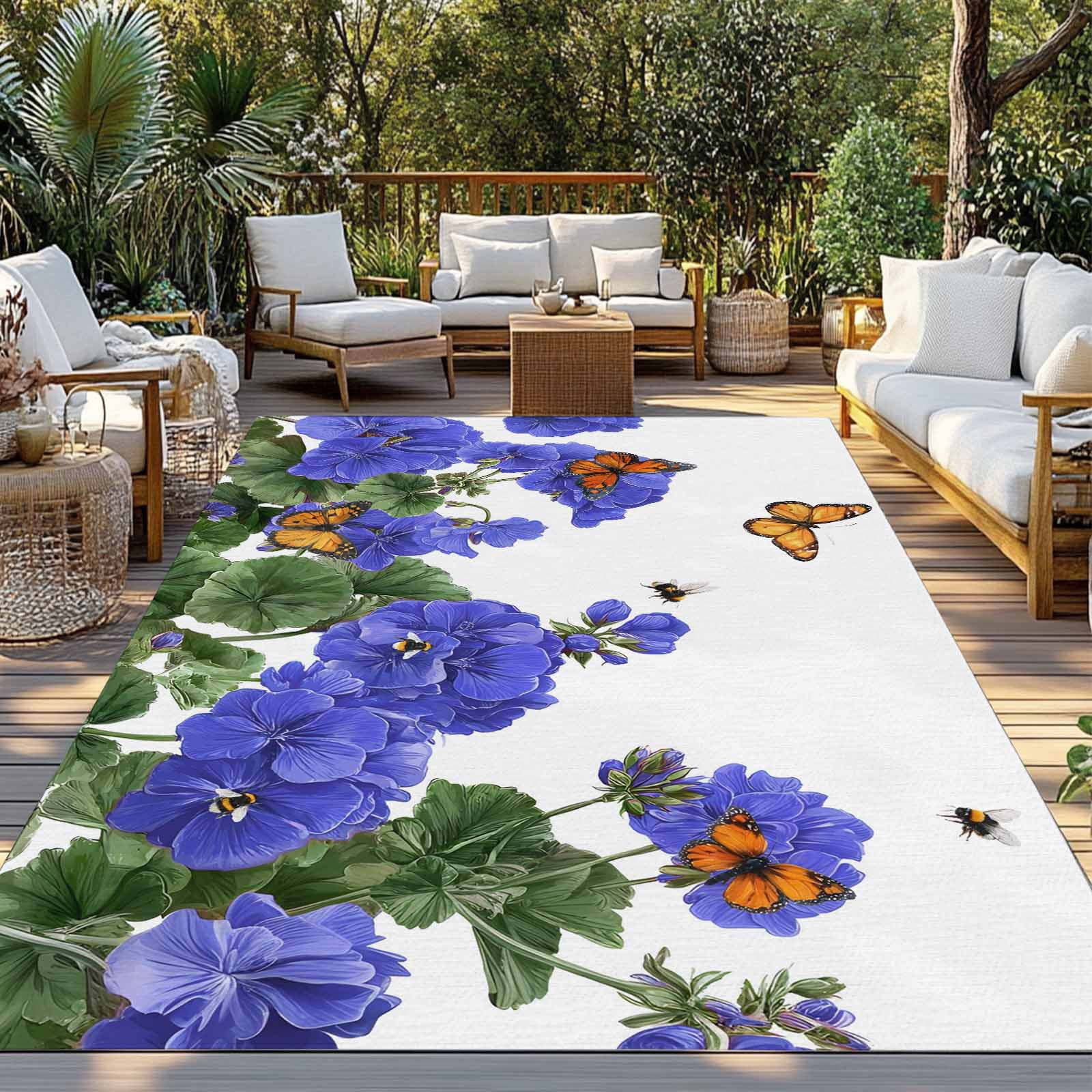 Purple Spring Floral Outdoor Rug for Patio/Deck/Porch, Non-Slip Large Area Rug 6 x 9 Ft, Butterfly Farmhouse Indoor Outdoor Rugs Washable Area Rugs, Reversible Camping Rug Carpet Runner