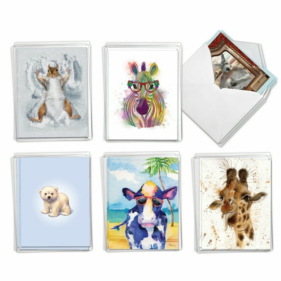 The Best Card Company 36 Assorted Blank Note Cards Boxed Set 4 x 5.12 Inch with Envelopes (6 Designs, 6 Each) Animal Attractions AM7801OCB-B6x6