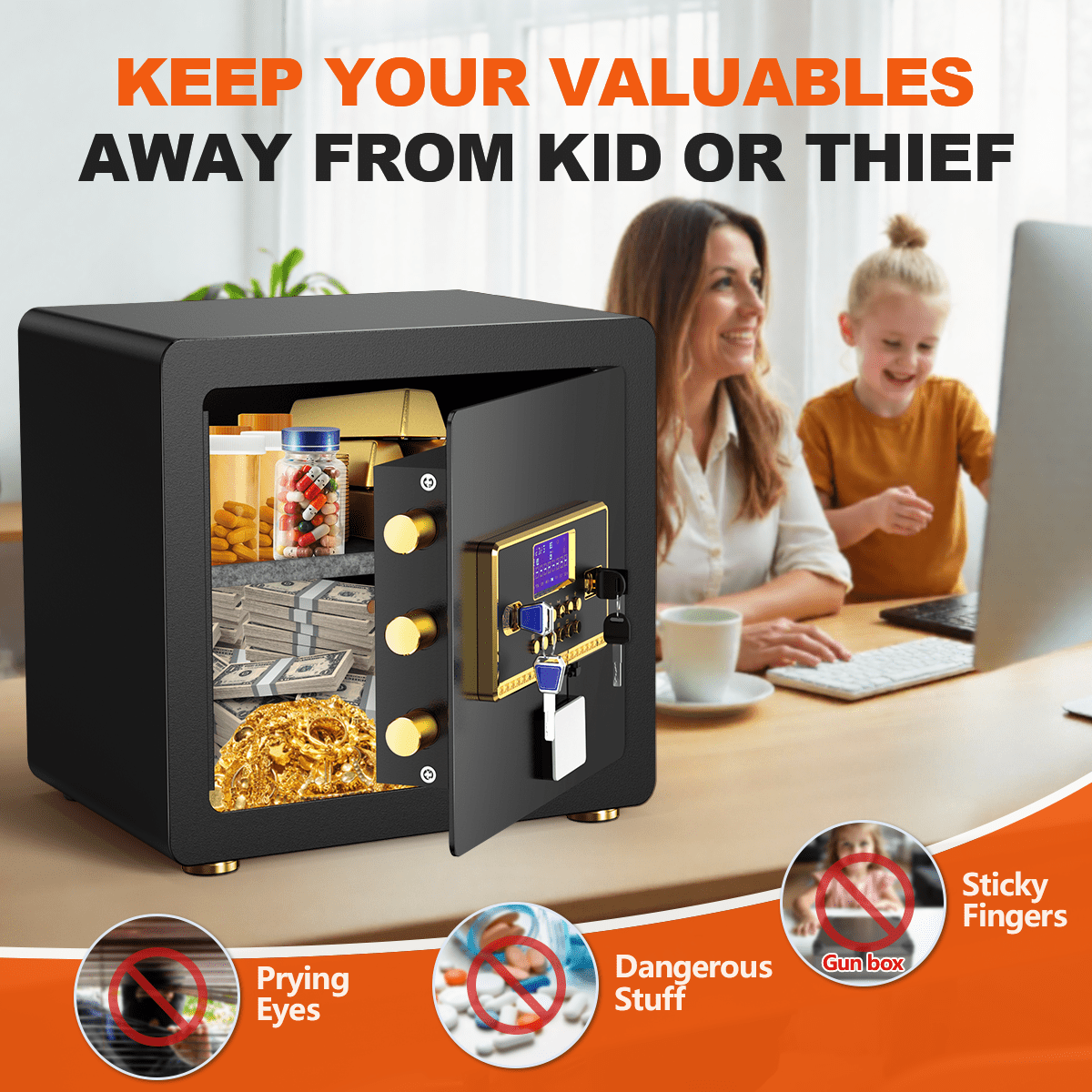 Gemaisil 2.5 Cuft Safe Box with Digital Keypad, Security Safe with Fireproof Waterproof Bag, Adjustable Shelf, Alarm System, Office & Home Safes for Cash, Jewelry, Documents, Black