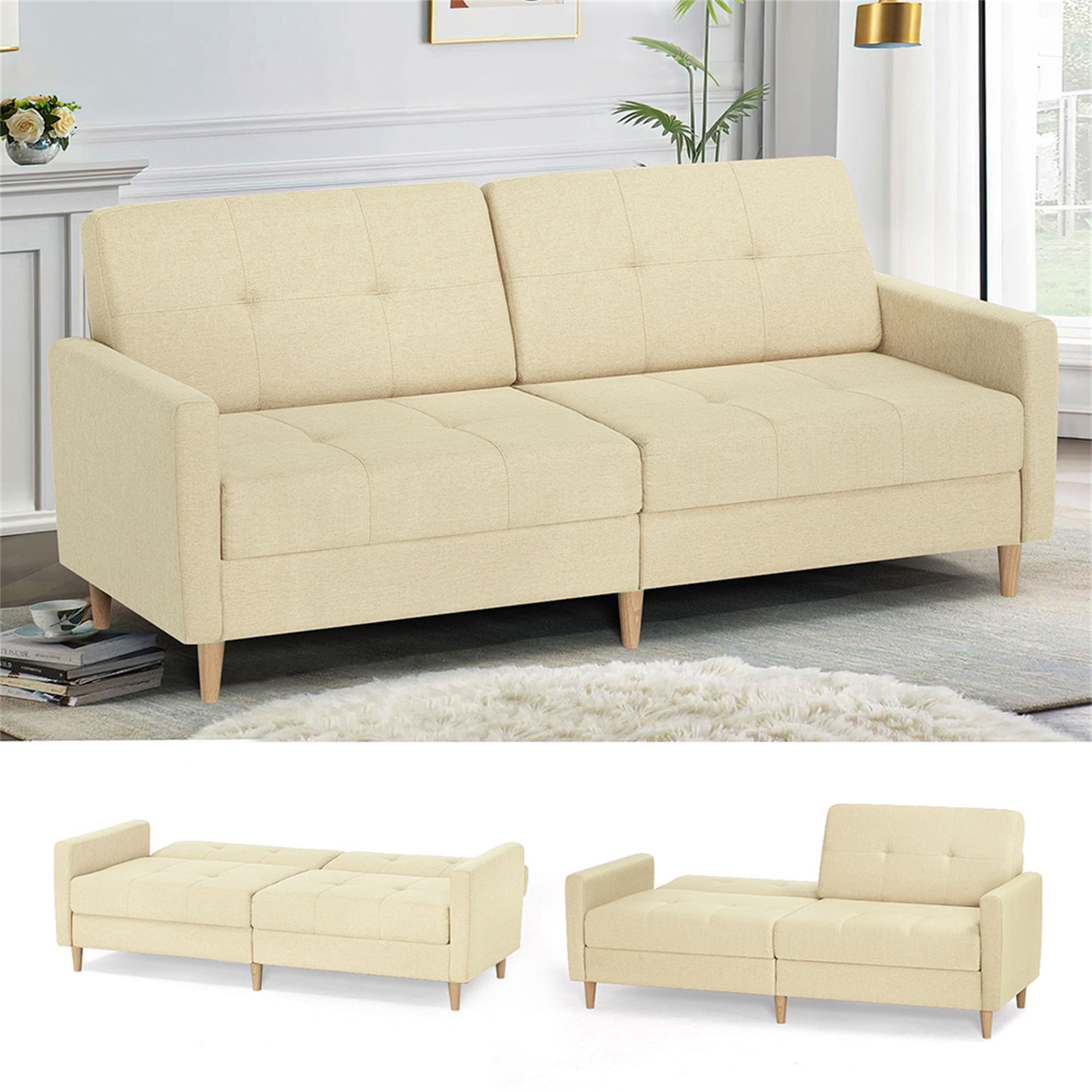 Kadyn Loveseat Sofa Bed, Mordern Convertible Sofa with Adjustable Backrest and Wooden Legs, 2-Seat Couch for Bedroom, Beige Kadyn Loveseat Sofa Bed, Mordern Convertible Sofa with Adjustable Backrest and Wooden Legs, 2-Seat Couch for Bedroom, Beige