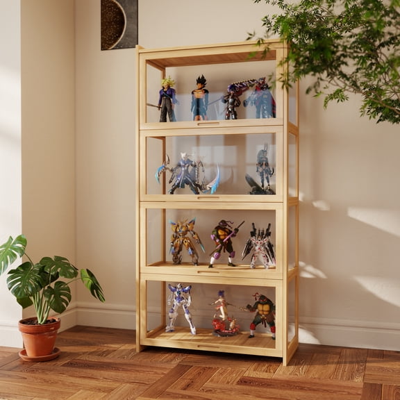 BALANBO 4-Tier Glass Display Cabinet with Doors, Tall Curio Cabinet for Collectibles Figures, Bamboo Storage Display Shelf for Living Room, Natural