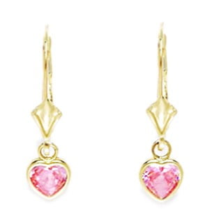 14k Yellow Gold October Pink Cubic Zirconia Heart Drop Leverback Earrings Measures 23x6mm by