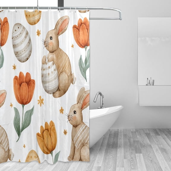 Rabbit Hug Easter Eggs Watercolor Tulips Shower Curtains with 12 Hooks Waterproof Bathroom Decor 66" x 72"