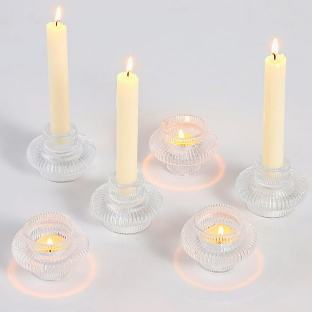 Glass Candle Holders, Set of 6 Taper Candle Holders, Tea Light Candle