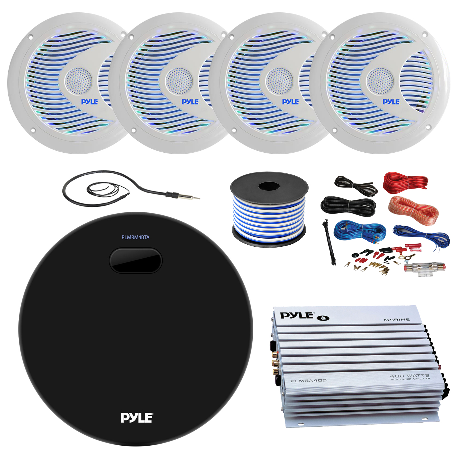 16 25 Bay Boat Pyle Marine Bluetooth Mp3 Usb Aux Amplifier Receiver 4 X 6 5 Speakers W Led Lights 4 Channel Amplifier 8 Gauge Amp Install