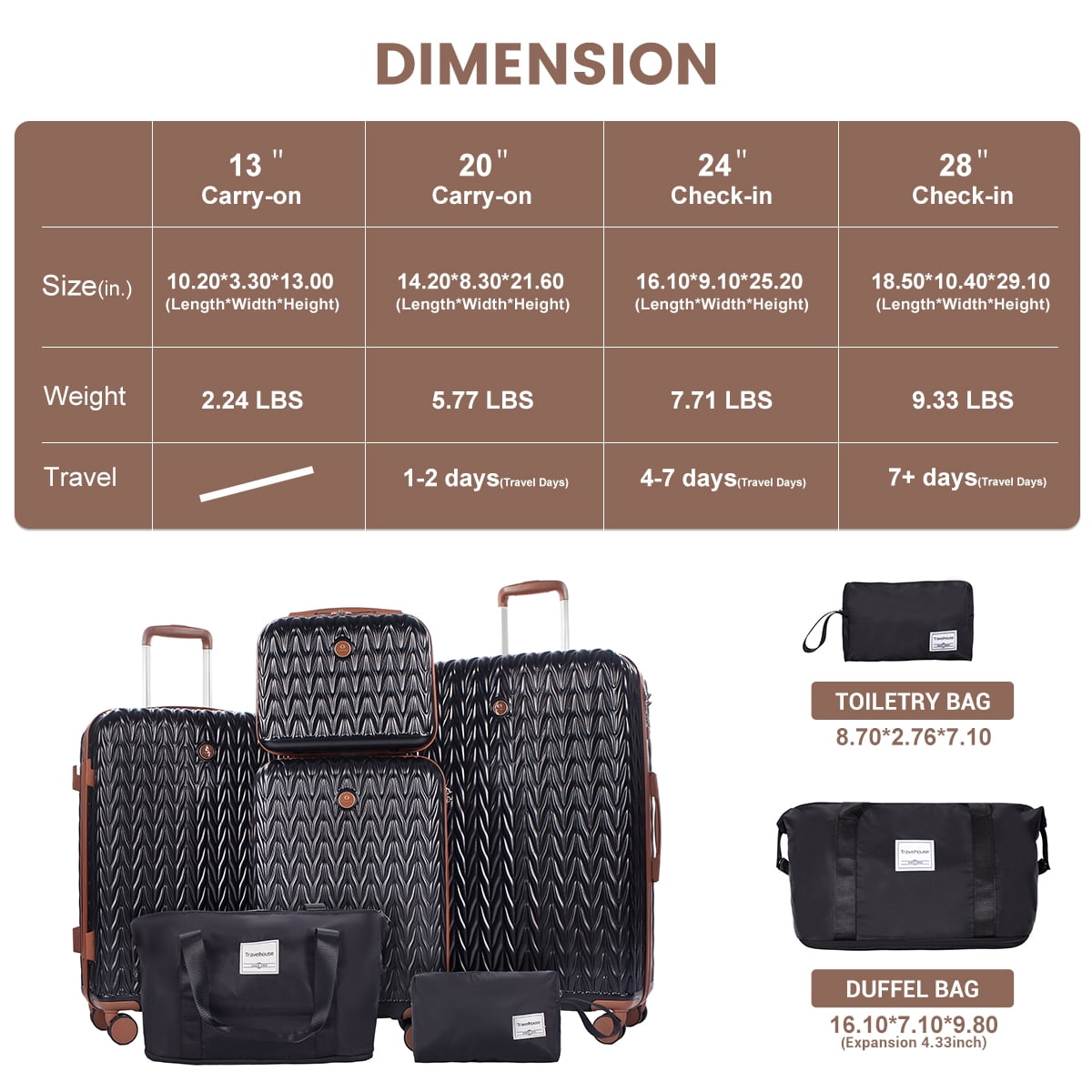 Travelhouse Luggage Set 6 Piece Hardside Suitcase TSA Lock Spinner Wheels 6 Pcs Hardshell Luggage with Duffel Bag.(Black)