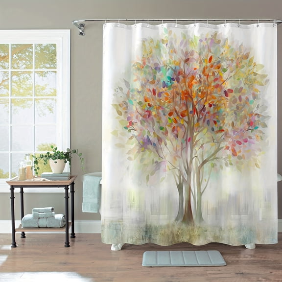 Colorful Tree Shower Curtain Flower Shower Curtain with 12 Hooks