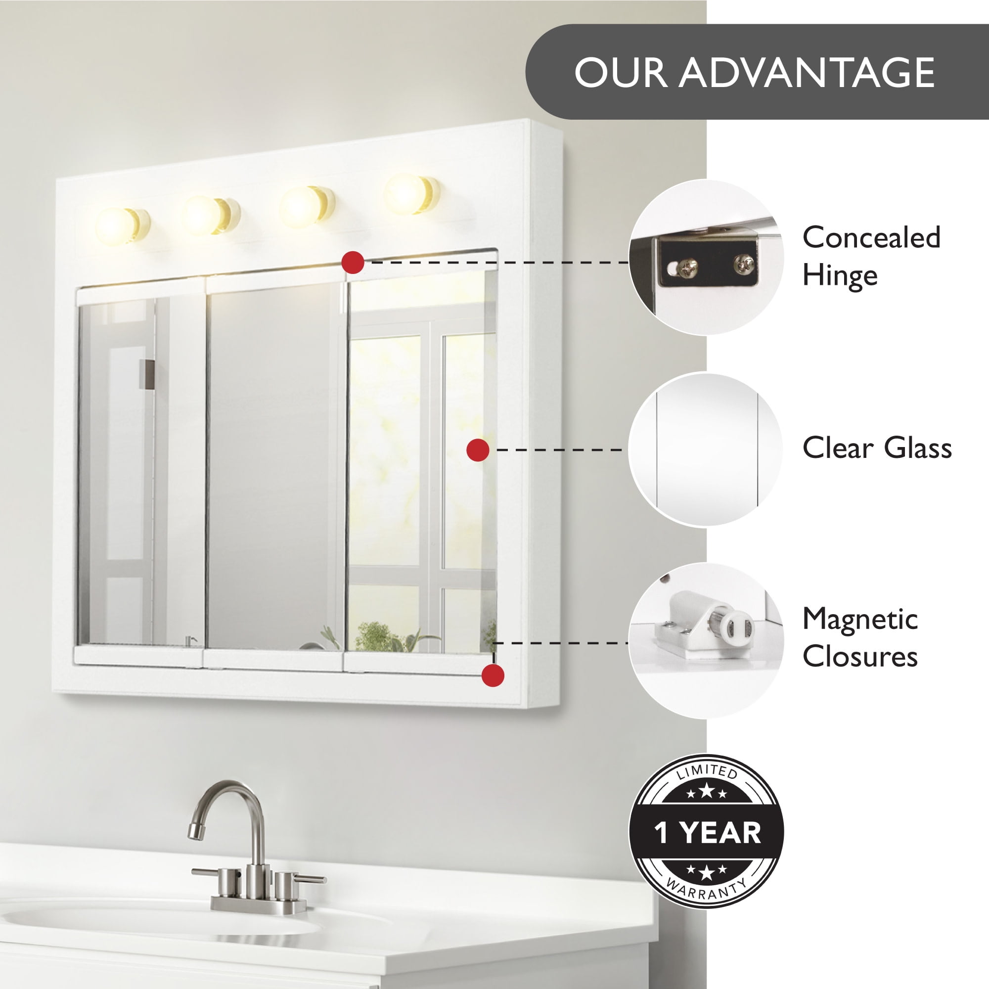 Design House 30" Wood Wall Mounted 4-Light Tri-View Mirrored Bathroom Cabinet, White